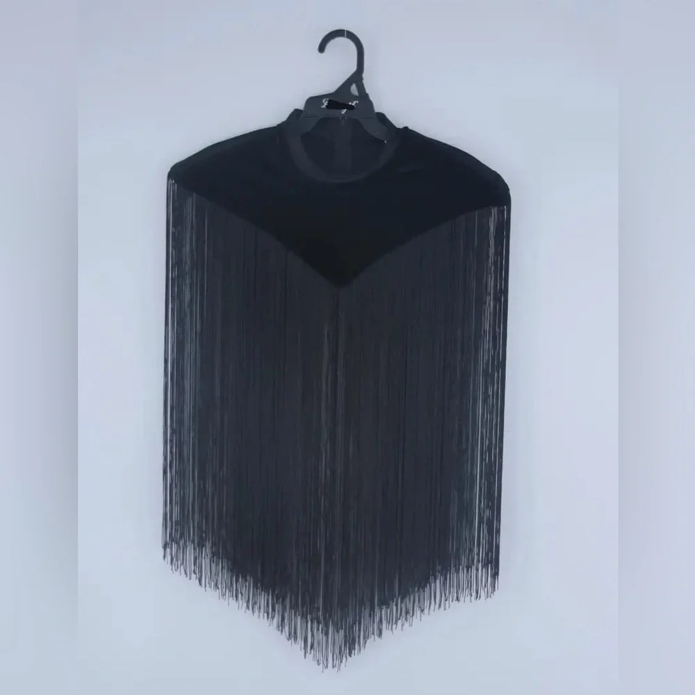 Tassel Trim Mock Neck Crop Shawl Cloak - Picture 4 of 6